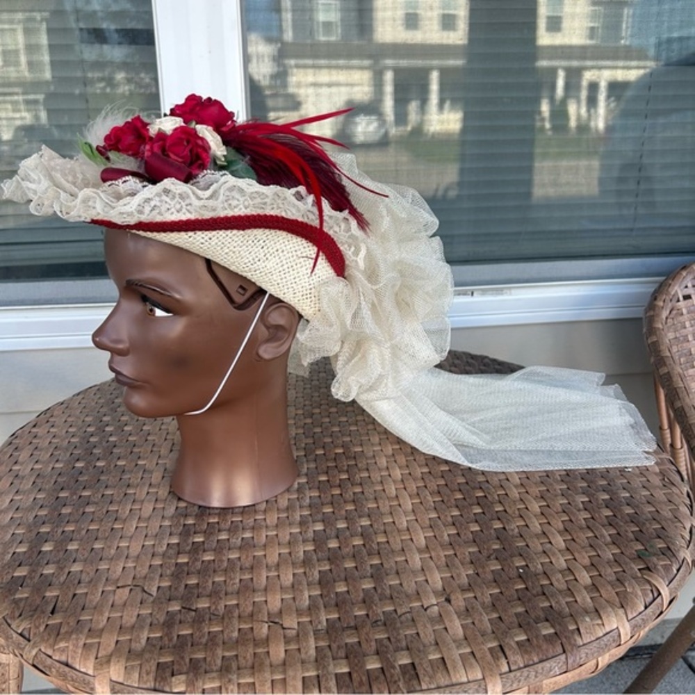 Elsie Massey - Victorian red and white lace trim floral feather hat